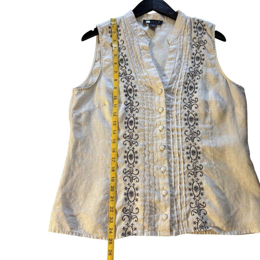 Vintage Carole Little XL Linen Sleeveless Button Front Blouse Black Embroidery - Picture 7 of 9
